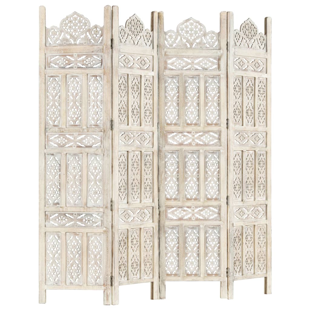Hand carved 4-Panel Room Divider White 160x165 cm Solid Mango Wood- Room Dividers - HomeShopIreland - Home Shop Ireland - Room Dividers - Hand carved 4-Panel Room Divider White 160x165 cm Solid Mango Wood