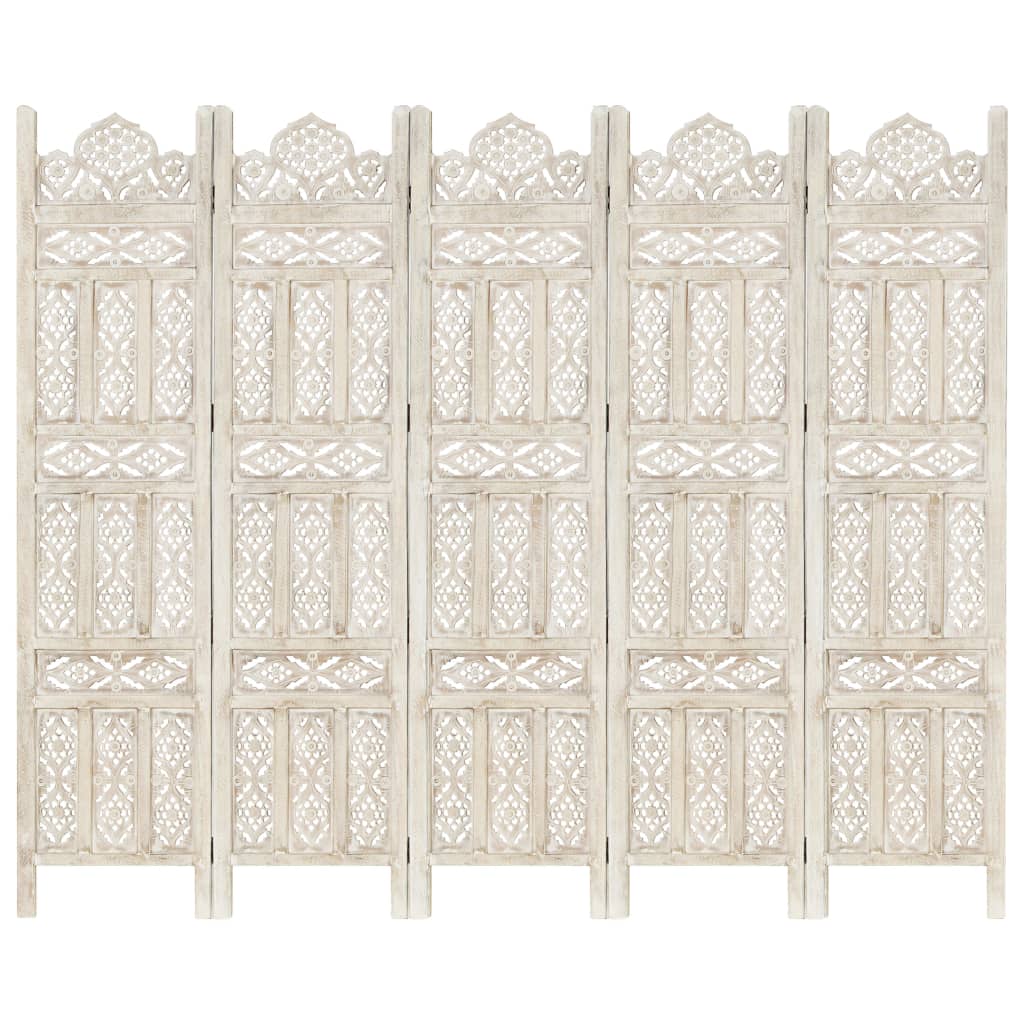 Hand carved 5-Panel Room Divider White 200x165 cm Solid Mango Wood- Room Dividers - HomeShopIreland - Home Shop Ireland - Room Dividers - Hand carved 5-Panel Room Divider White 200x165 cm Solid Mango Wood