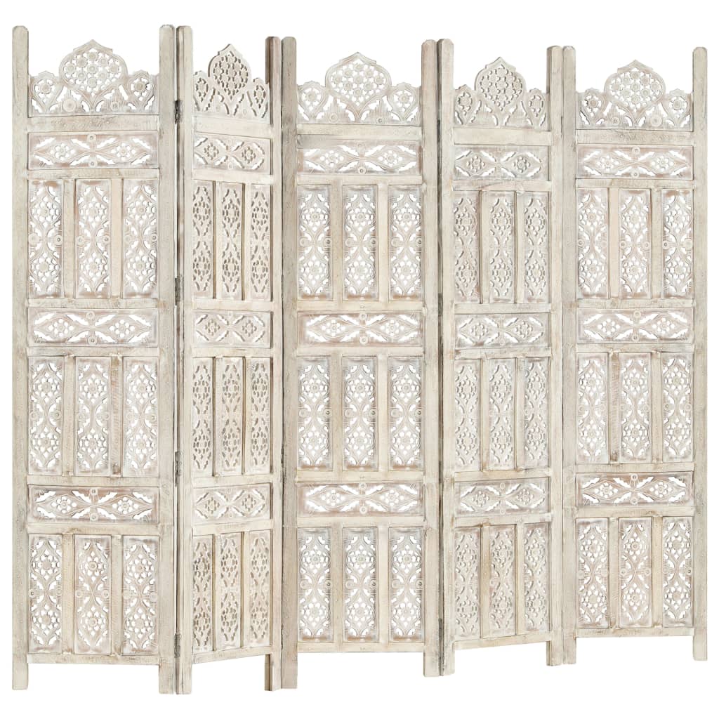 Hand carved 5-Panel Room Divider White 200x165 cm Solid Mango Wood- Room Dividers - HomeShopIreland - Home Shop Ireland - Room Dividers - Hand carved 5-Panel Room Divider White 200x165 cm Solid Mango Wood