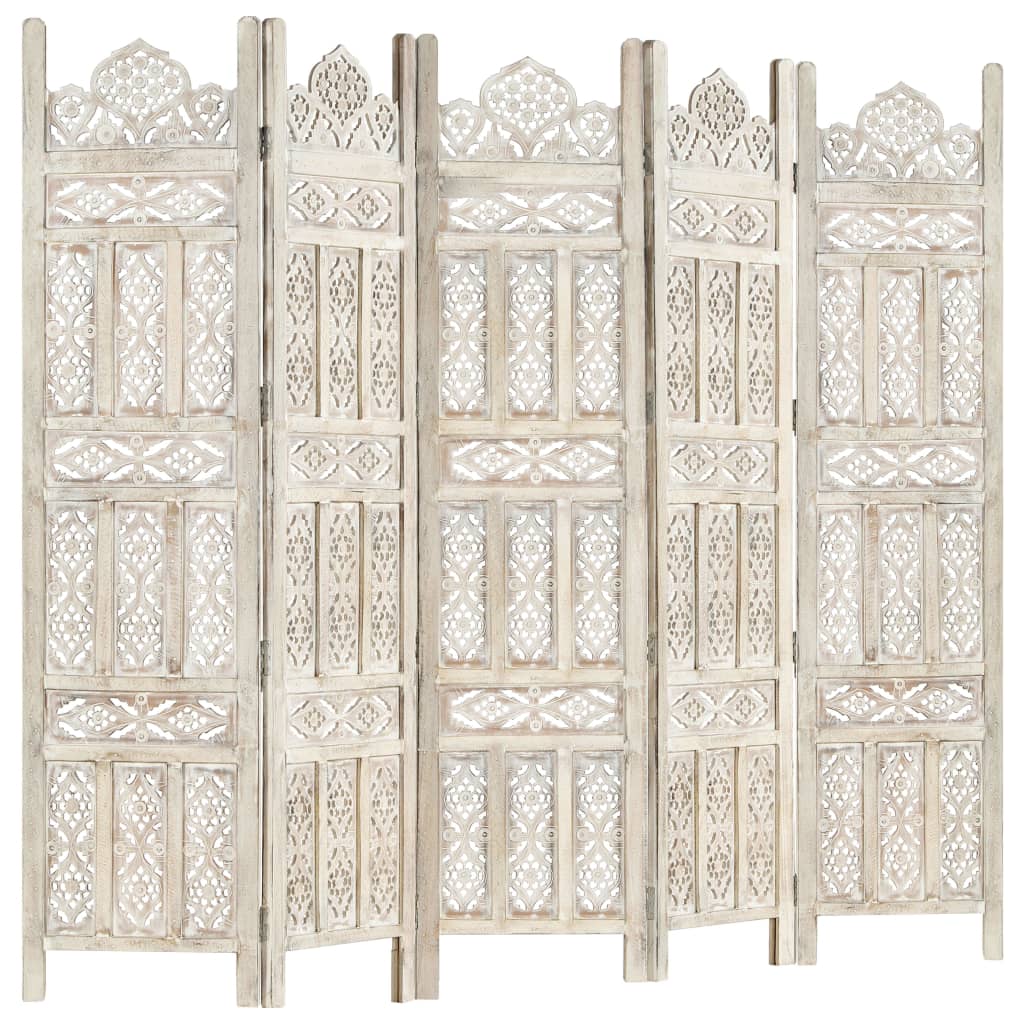 Hand carved 5-Panel Room Divider White 200x165 cm Solid Mango Wood- Room Dividers - HomeShopIreland - Home Shop Ireland - Room Dividers - Hand carved 5-Panel Room Divider White 200x165 cm Solid Mango Wood