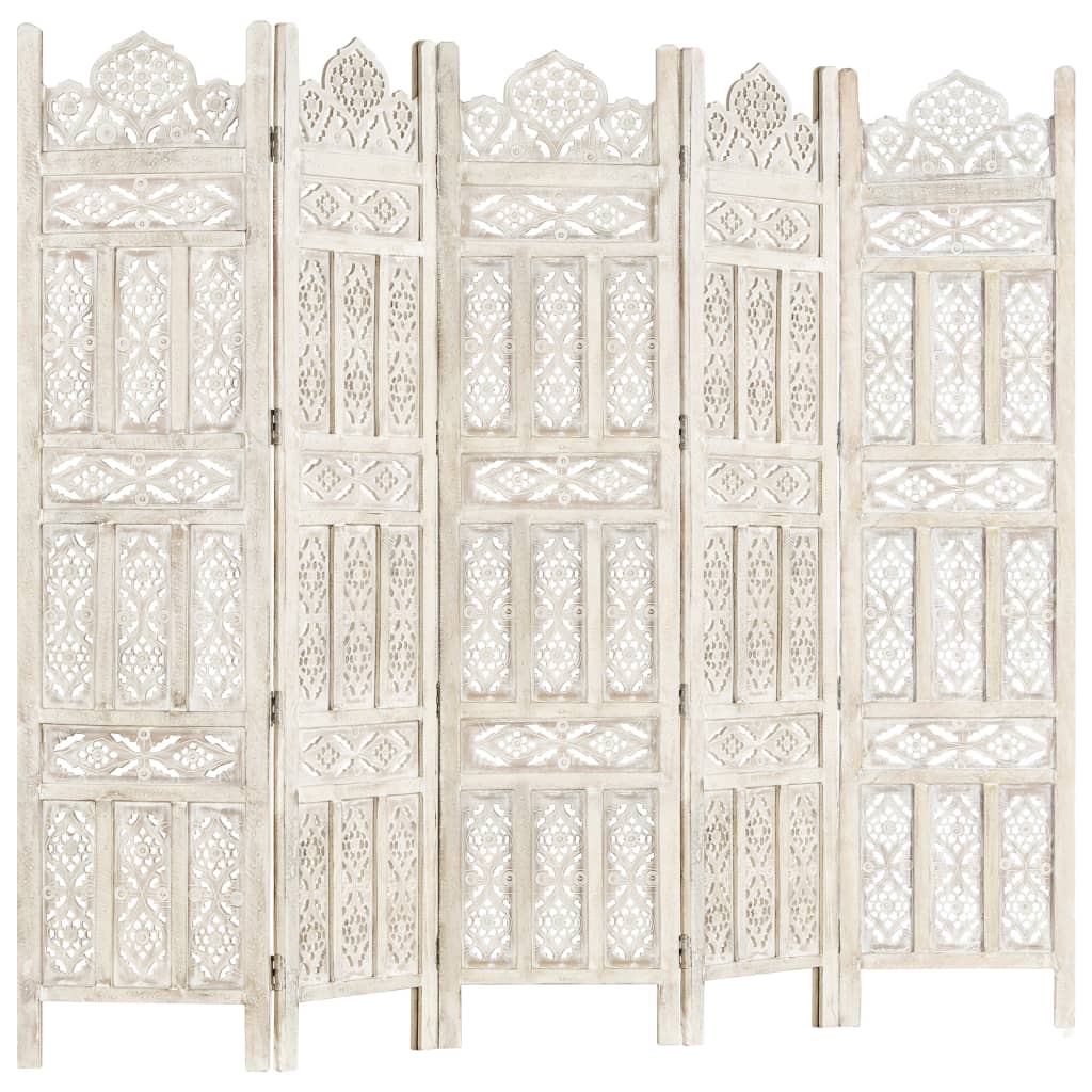 Hand carved 5-Panel Room Divider White 200x165 cm Solid Mango Wood- Room Dividers - HomeShopIreland - Home Shop Ireland - Room Dividers - Hand carved 5-Panel Room Divider White 200x165 cm Solid Mango Wood