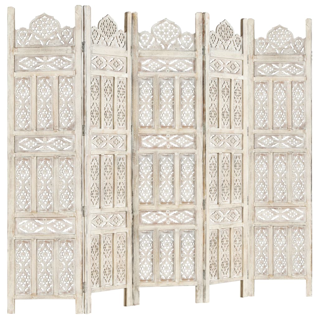 Hand carved 5-Panel Room Divider White 200x165 cm Solid Mango Wood- Room Dividers - HomeShopIreland - Home Shop Ireland - Room Dividers - Hand carved 5-Panel Room Divider White 200x165 cm Solid Mango Wood