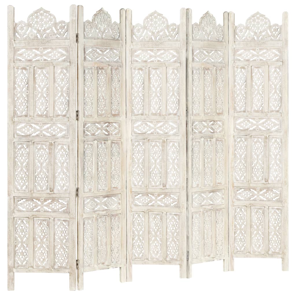 Hand carved 5-Panel Room Divider White 200x165 cm Solid Mango Wood- Room Dividers - HomeShopIreland - Home Shop Ireland - Room Dividers - Hand carved 5-Panel Room Divider White 200x165 cm Solid Mango Wood