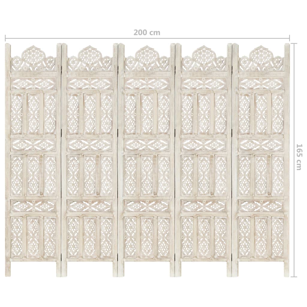 Hand carved 5-Panel Room Divider White 200x165 cm Solid Mango Wood- Room Dividers - HomeShopIreland - Home Shop Ireland - Room Dividers - Hand carved 5-Panel Room Divider White 200x165 cm Solid Mango Wood