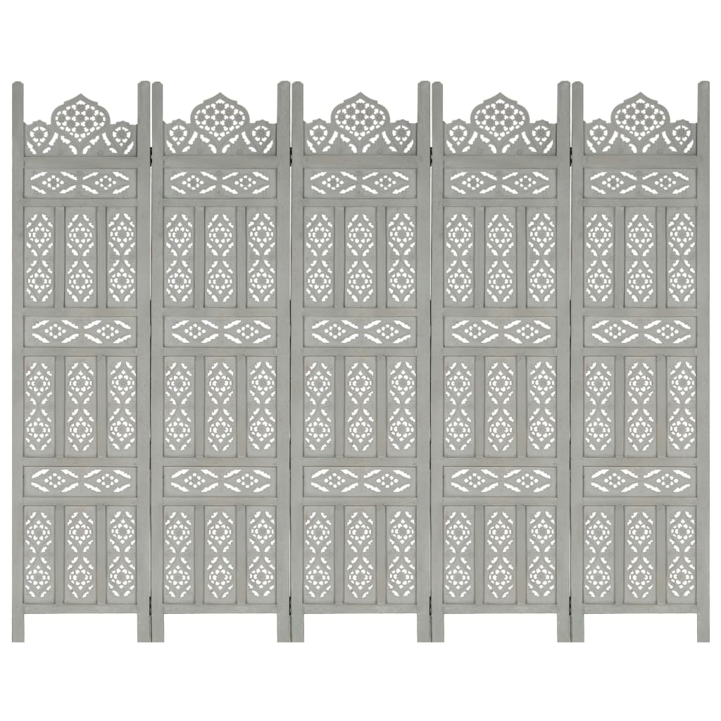 Hand carved 5-Panel Room Divider Grey 200x165 cm Solid Mango Wood- Room Dividers - HomeShopIreland - Home Shop Ireland - Room Dividers - Hand carved 5-Panel Room Divider Grey 200x165 cm Solid Mango Wood