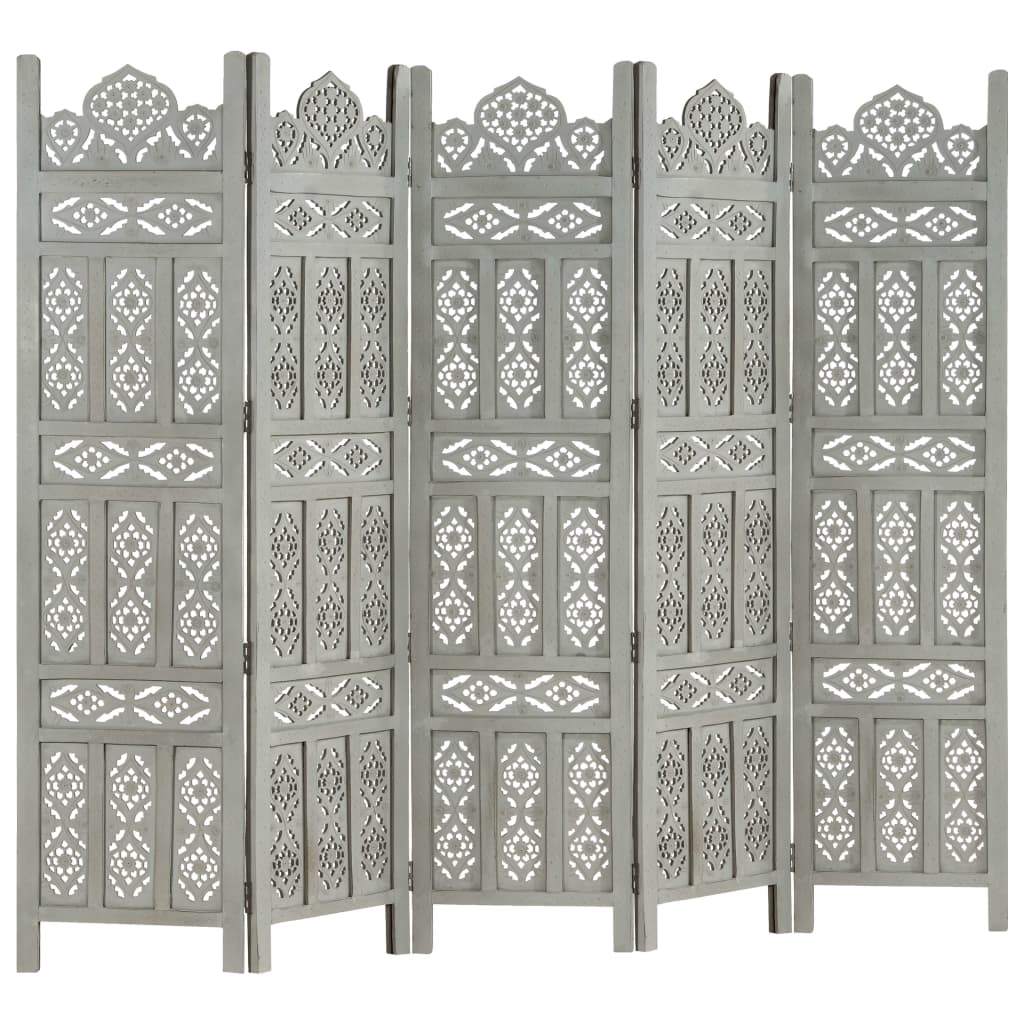 Hand carved 5-Panel Room Divider Grey 200x165 cm Solid Mango Wood- Room Dividers - HomeShopIreland - Home Shop Ireland - Room Dividers - Hand carved 5-Panel Room Divider Grey 200x165 cm Solid Mango Wood