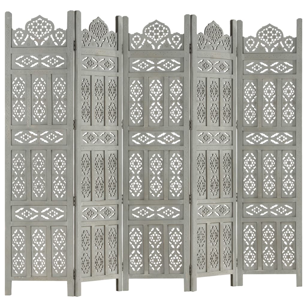 Hand carved 5-Panel Room Divider Grey 200x165 cm Solid Mango Wood- Room Dividers - HomeShopIreland - Home Shop Ireland - Room Dividers - Hand carved 5-Panel Room Divider Grey 200x165 cm Solid Mango Wood