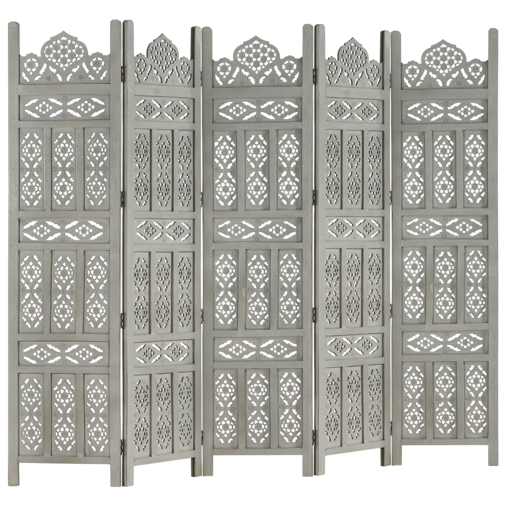 Hand carved 5-Panel Room Divider Grey 200x165 cm Solid Mango Wood- Room Dividers - HomeShopIreland - Home Shop Ireland - Room Dividers - Hand carved 5-Panel Room Divider Grey 200x165 cm Solid Mango Wood