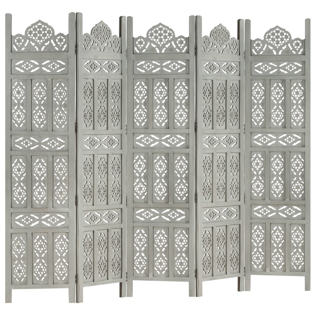 Hand carved 5-Panel Room Divider Grey 200x165 cm Solid Mango Wood- Room Dividers - HomeShopIreland - Home Shop Ireland - Room Dividers - Hand carved 5-Panel Room Divider Grey 200x165 cm Solid Mango Wood