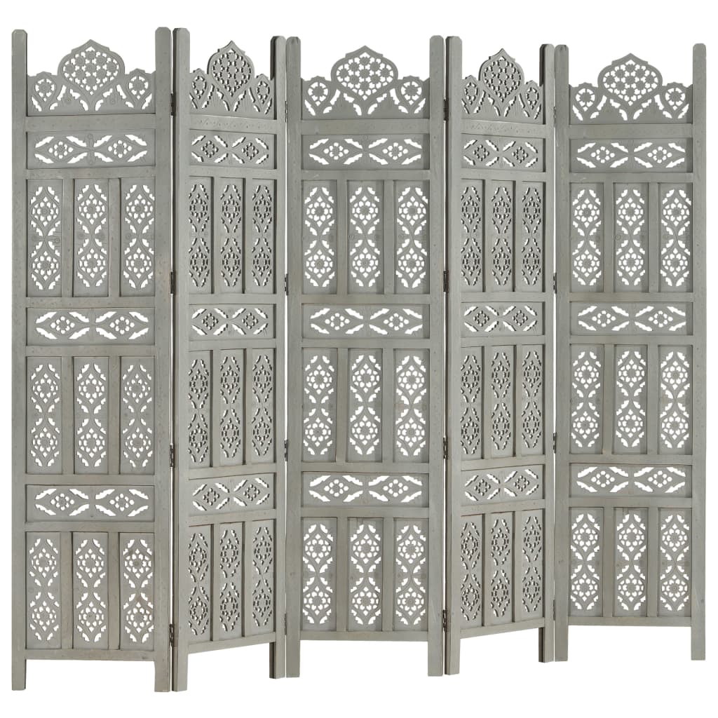 Hand carved 5-Panel Room Divider Grey 200x165 cm Solid Mango Wood- Room Dividers - HomeShopIreland - Home Shop Ireland - Room Dividers - Hand carved 5-Panel Room Divider Grey 200x165 cm Solid Mango Wood