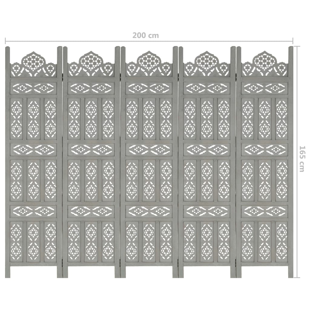 Hand carved 5-Panel Room Divider Grey 200x165 cm Solid Mango Wood- Room Dividers - HomeShopIreland - Home Shop Ireland - Room Dividers - Hand carved 5-Panel Room Divider Grey 200x165 cm Solid Mango Wood