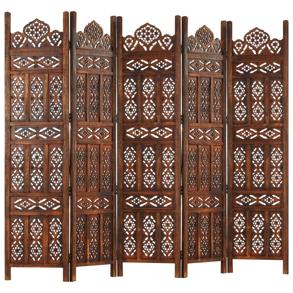 Hand carved 5-Panel Room Divider Brown 200x165 cm Solid Mango Wood- Room Dividers - HomeShopIreland - Home Shop Ireland - Room Dividers - Hand carved 5-Panel Room Divider Brown 200x165 cm Solid Mango Wood