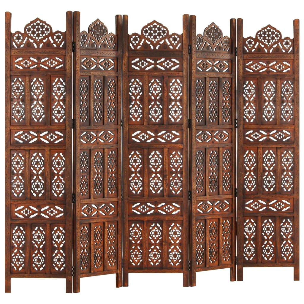 Hand carved 5-Panel Room Divider Brown 200x165 cm Solid Mango Wood- Room Dividers - HomeShopIreland - Home Shop Ireland - Room Dividers - Hand carved 5-Panel Room Divider Brown 200x165 cm Solid Mango Wood
