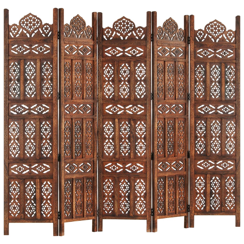 Hand carved 5-Panel Room Divider Brown 200x165 cm Solid Mango Wood- Room Dividers - HomeShopIreland - Home Shop Ireland - Room Dividers - Hand carved 5-Panel Room Divider Brown 200x165 cm Solid Mango Wood