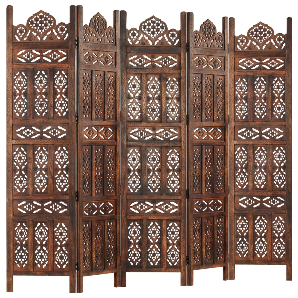 Hand carved 5-Panel Room Divider Brown 200x165 cm Solid Mango Wood- Room Dividers - HomeShopIreland - Home Shop Ireland - Room Dividers - Hand carved 5-Panel Room Divider Brown 200x165 cm Solid Mango Wood