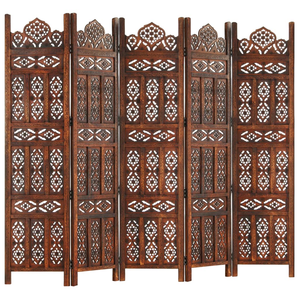 Hand carved 5-Panel Room Divider Brown 200x165 cm Solid Mango Wood- Room Dividers - HomeShopIreland - Home Shop Ireland - Room Dividers - Hand carved 5-Panel Room Divider Brown 200x165 cm Solid Mango Wood