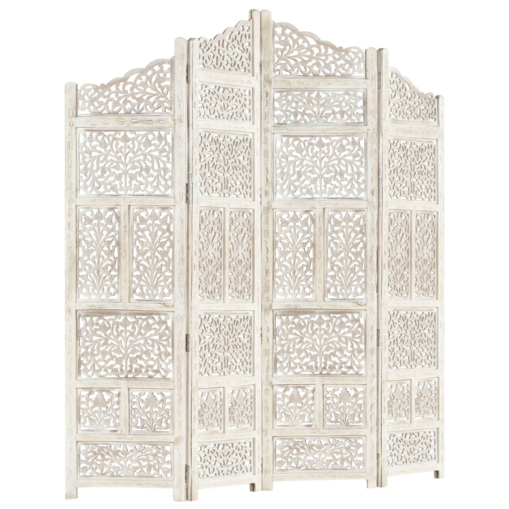 Hand carved 4-Panel Room Divider White 160x165 cm Solid Mango Wood- Room Dividers - HomeShopIreland - Home Shop Ireland - Room Dividers - Hand carved 4-Panel Room Divider White 160x165 cm Solid Mango Wood
