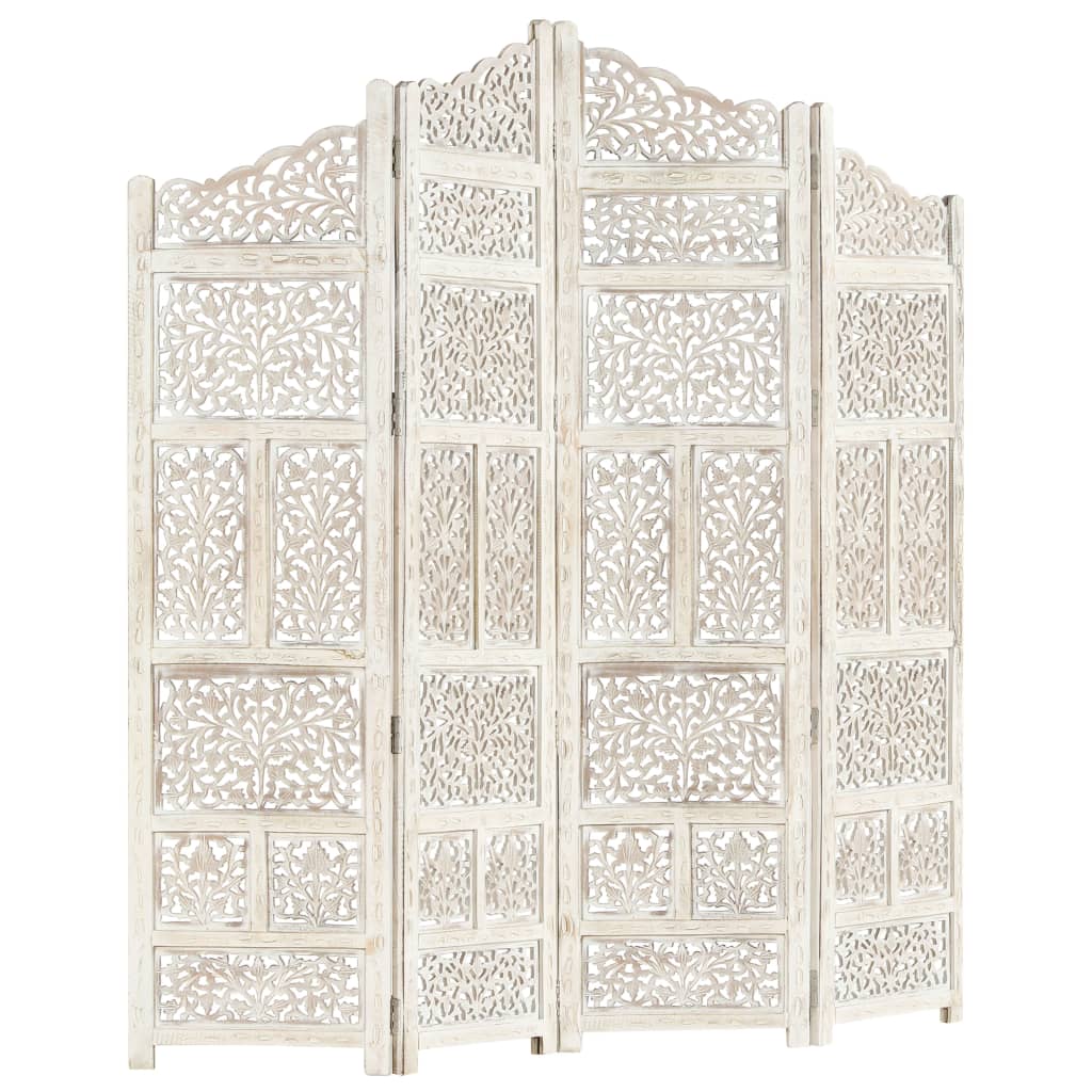 Hand carved 4-Panel Room Divider White 160x165 cm Solid Mango Wood- Room Dividers - HomeShopIreland - Home Shop Ireland - Room Dividers - Hand carved 4-Panel Room Divider White 160x165 cm Solid Mango Wood