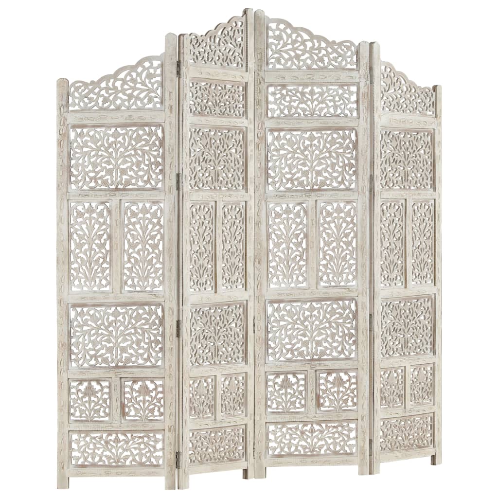 Hand carved 4-Panel Room Divider White 160x165 cm Solid Mango Wood- Room Dividers - HomeShopIreland - Home Shop Ireland - Room Dividers - Hand carved 4-Panel Room Divider White 160x165 cm Solid Mango Wood
