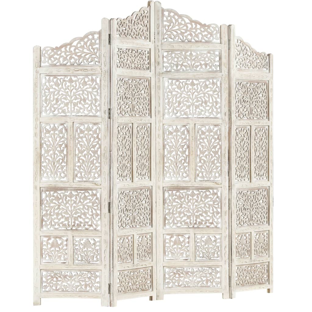 Hand carved 4-Panel Room Divider White 160x165 cm Solid Mango Wood- Room Dividers - HomeShopIreland - Home Shop Ireland - Room Dividers - Hand carved 4-Panel Room Divider White 160x165 cm Solid Mango Wood