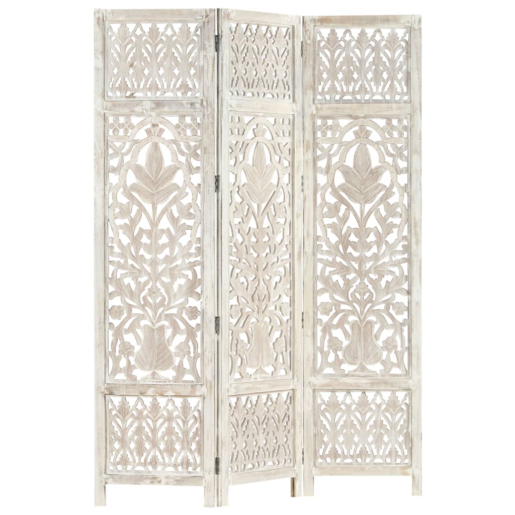 Hand carved 3-Panel Room Divider White 120x165 cm Solid Mango Wood- Room Dividers - HomeShopIreland - Home Shop Ireland - Room Dividers - Hand carved 3-Panel Room Divider White 120x165 cm Solid Mango Wood