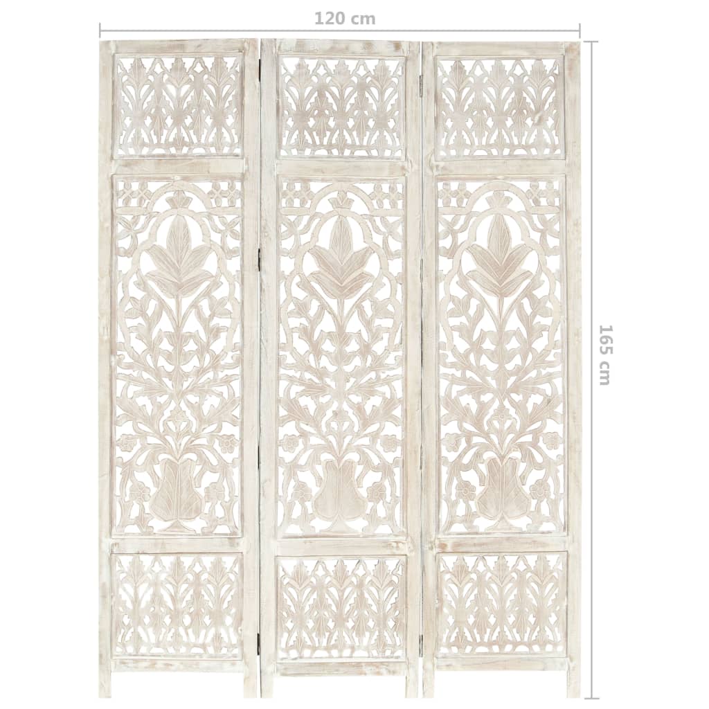 Hand carved 3-Panel Room Divider White 120x165 cm Solid Mango Wood- Room Dividers - HomeShopIreland - Home Shop Ireland - Room Dividers - Hand carved 3-Panel Room Divider White 120x165 cm Solid Mango Wood