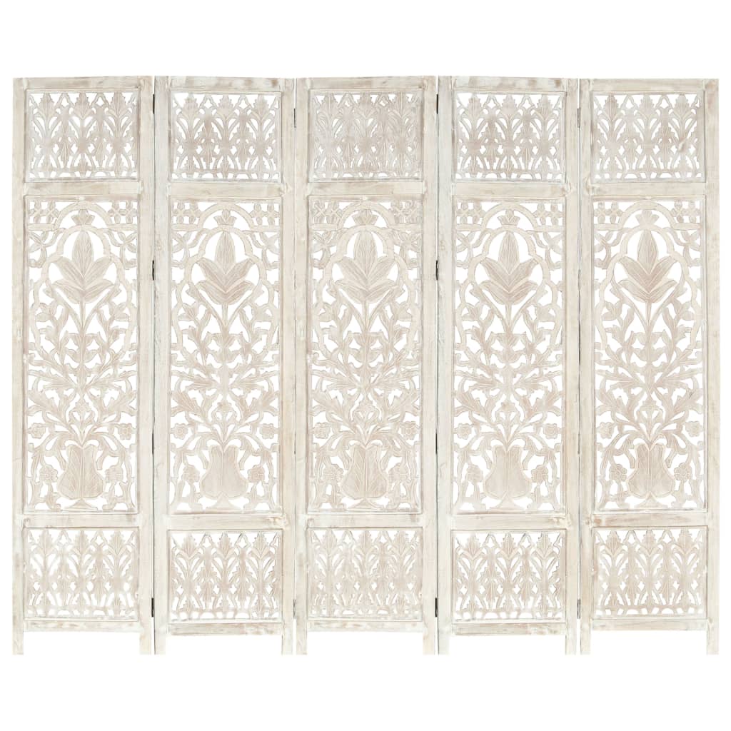 Hand carved 5-Panel Room Divider White 200x165 cm Solid Mango Wood- Room Dividers - HomeShopIreland - Home Shop Ireland - Room Dividers - Hand carved 5-Panel Room Divider White 200x165 cm Solid Mango Wood