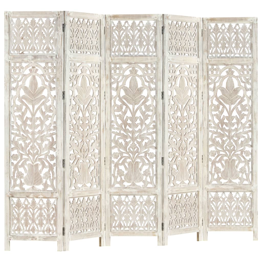 Hand carved 5-Panel Room Divider White 200x165 cm Solid Mango Wood- Room Dividers - HomeShopIreland - Home Shop Ireland - Room Dividers - Hand carved 5-Panel Room Divider White 200x165 cm Solid Mango Wood