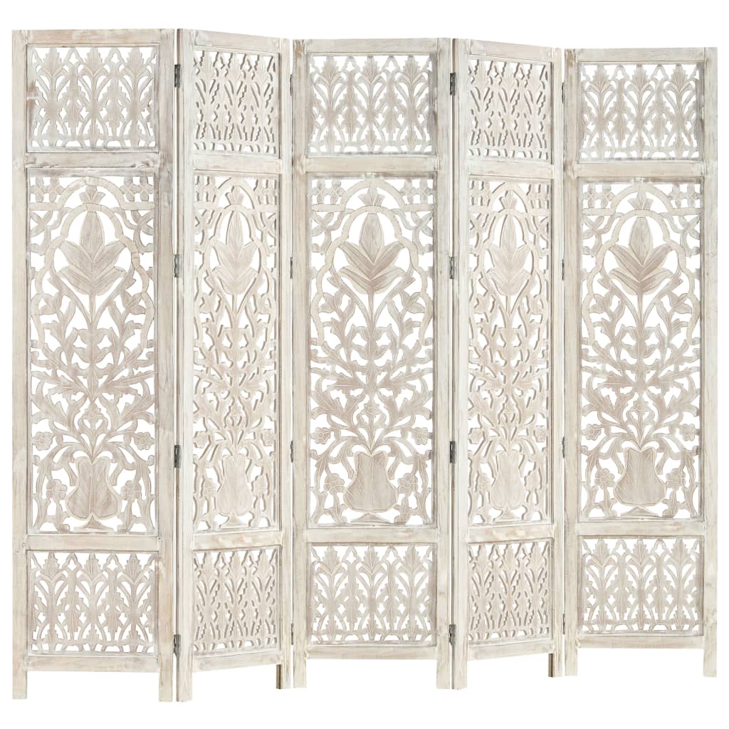 Hand carved 5-Panel Room Divider White 200x165 cm Solid Mango Wood- Room Dividers - HomeShopIreland - Home Shop Ireland - Room Dividers - Hand carved 5-Panel Room Divider White 200x165 cm Solid Mango Wood