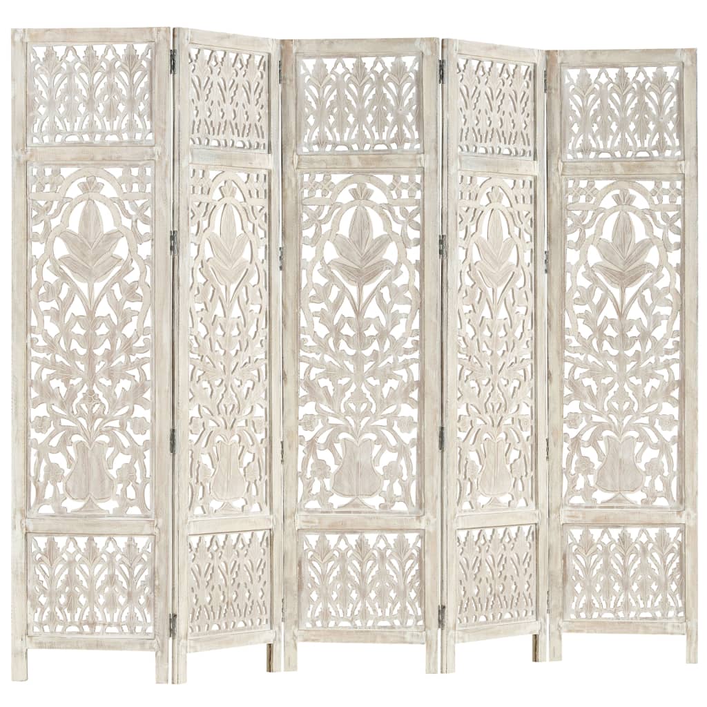 Hand carved 5-Panel Room Divider White 200x165 cm Solid Mango Wood- Room Dividers - HomeShopIreland - Home Shop Ireland - Room Dividers - Hand carved 5-Panel Room Divider White 200x165 cm Solid Mango Wood