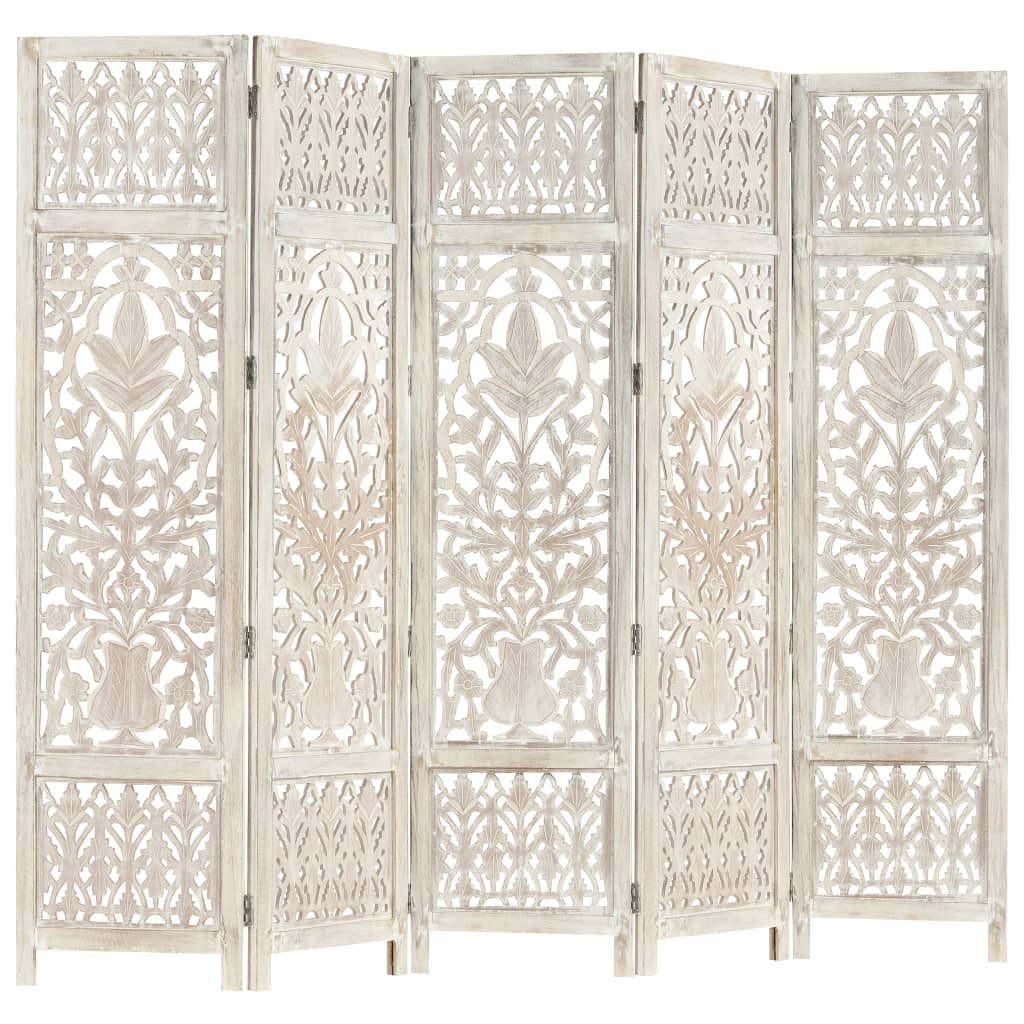 Hand carved 5-Panel Room Divider White 200x165 cm Solid Mango Wood- Room Dividers - HomeShopIreland - Home Shop Ireland - Room Dividers - Hand carved 5-Panel Room Divider White 200x165 cm Solid Mango Wood