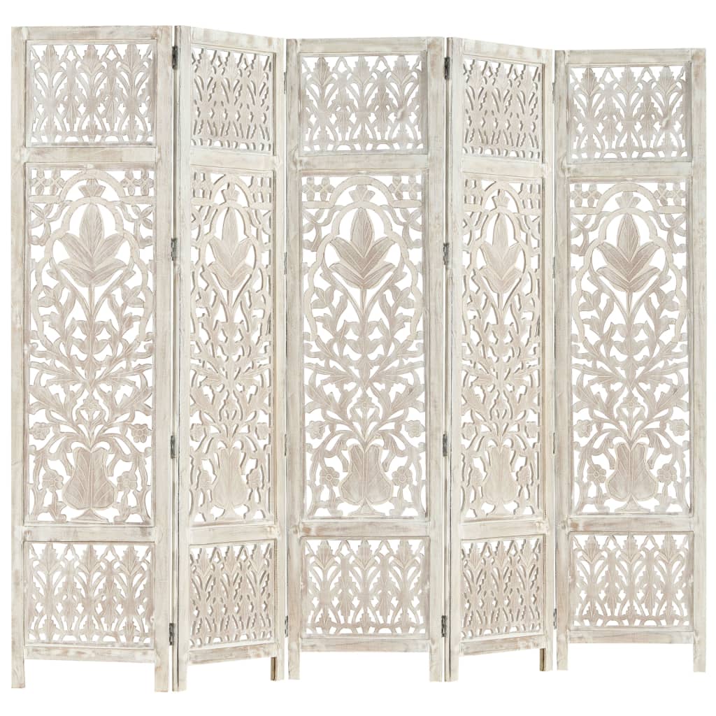 Hand carved 5-Panel Room Divider White 200x165 cm Solid Mango Wood- Room Dividers - HomeShopIreland - Home Shop Ireland - Room Dividers - Hand carved 5-Panel Room Divider White 200x165 cm Solid Mango Wood