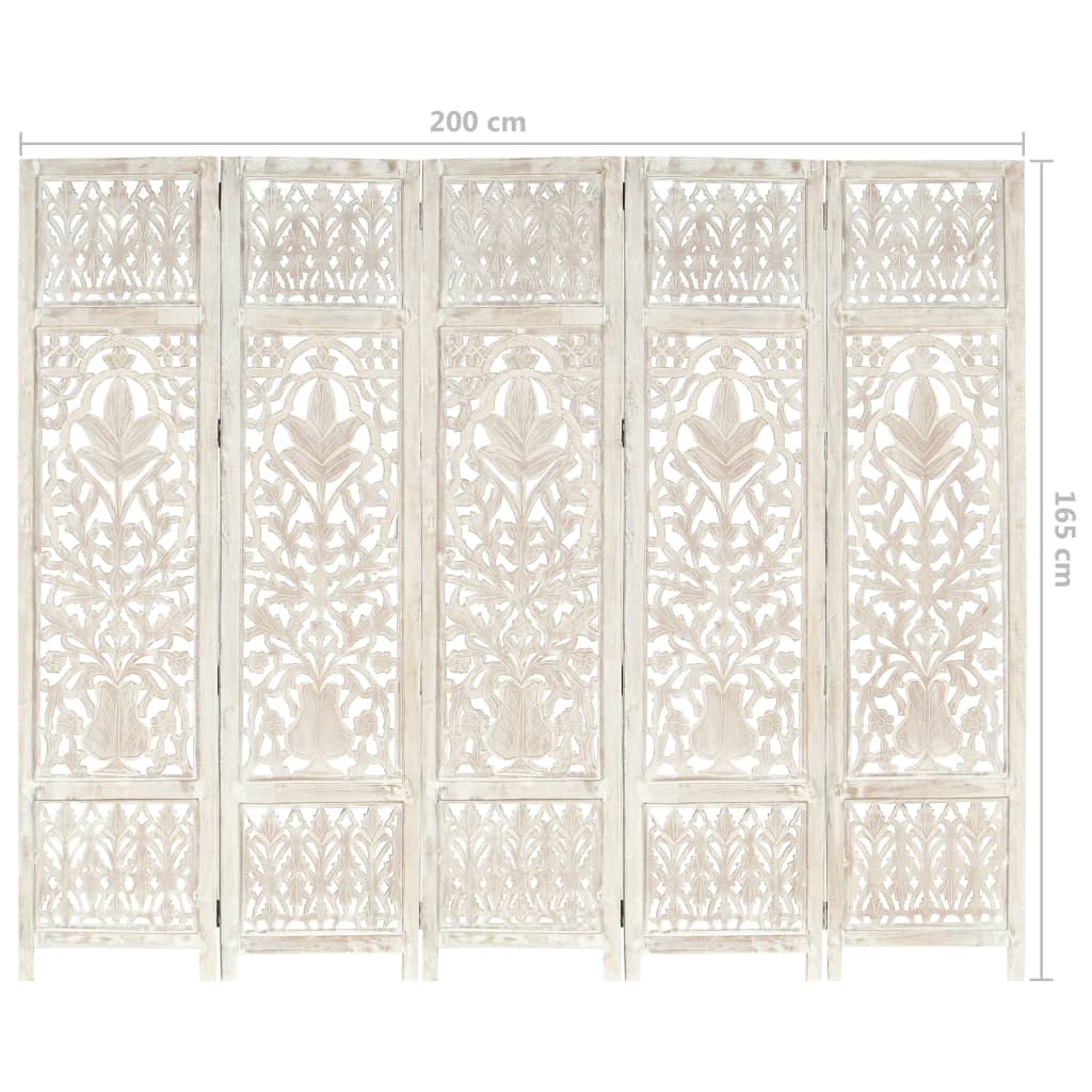 Hand carved 5-Panel Room Divider White 200x165 cm Solid Mango Wood- Room Dividers - HomeShopIreland - Home Shop Ireland - Room Dividers - Hand carved 5-Panel Room Divider White 200x165 cm Solid Mango Wood