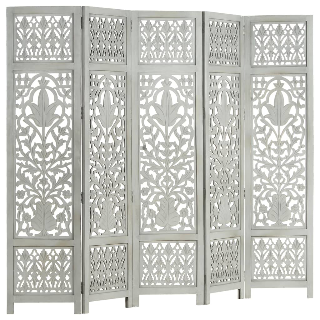 Hand Carved 5-Panel Room Divider Grey 200x165 cm Solid Mango Wood- Room Dividers - HomeShopIreland - Home Shop Ireland - Room Dividers - Hand Carved 5-Panel Room Divider Grey 200x165 cm Solid Mango Wood