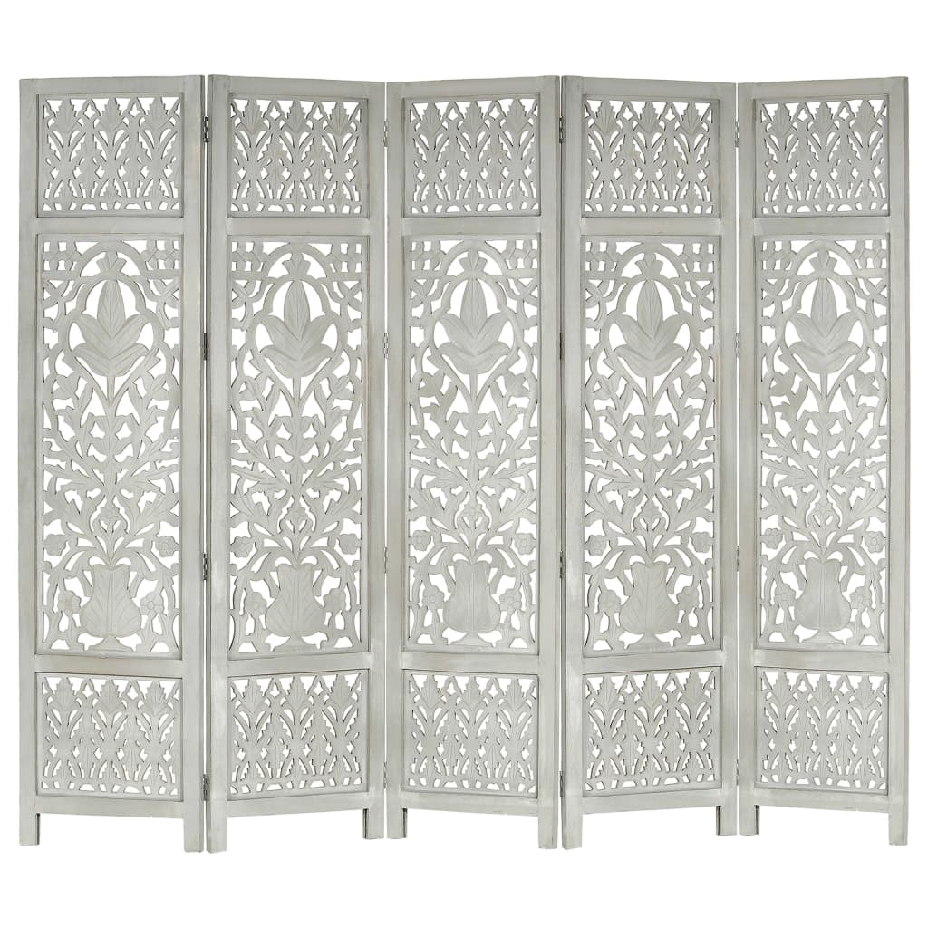 Hand Carved 5-Panel Room Divider Grey 200x165 cm Solid Mango Wood- Room Dividers - HomeShopIreland - Home Shop Ireland - Room Dividers - Hand Carved 5-Panel Room Divider Grey 200x165 cm Solid Mango Wood