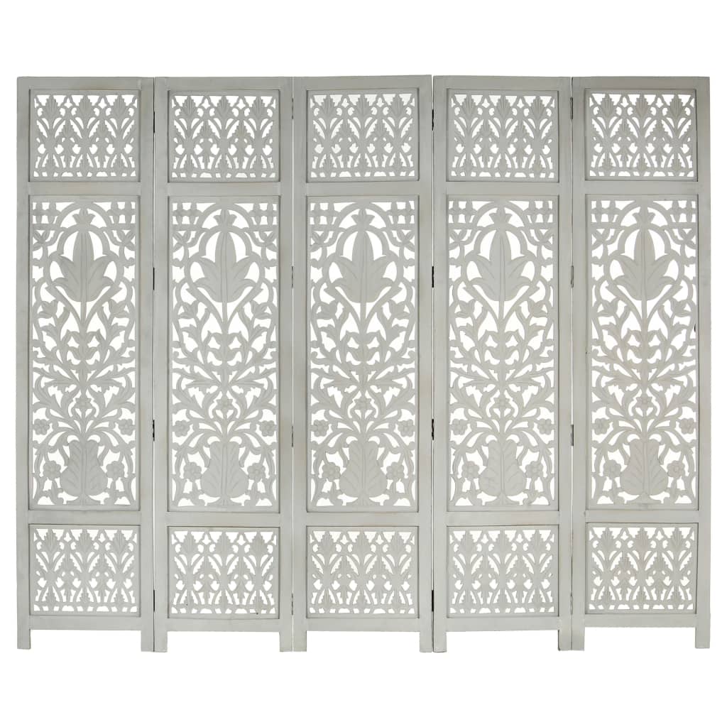Hand Carved 5-Panel Room Divider Grey 200x165 cm Solid Mango Wood- Room Dividers - HomeShopIreland - Home Shop Ireland - Room Dividers - Hand Carved 5-Panel Room Divider Grey 200x165 cm Solid Mango Wood