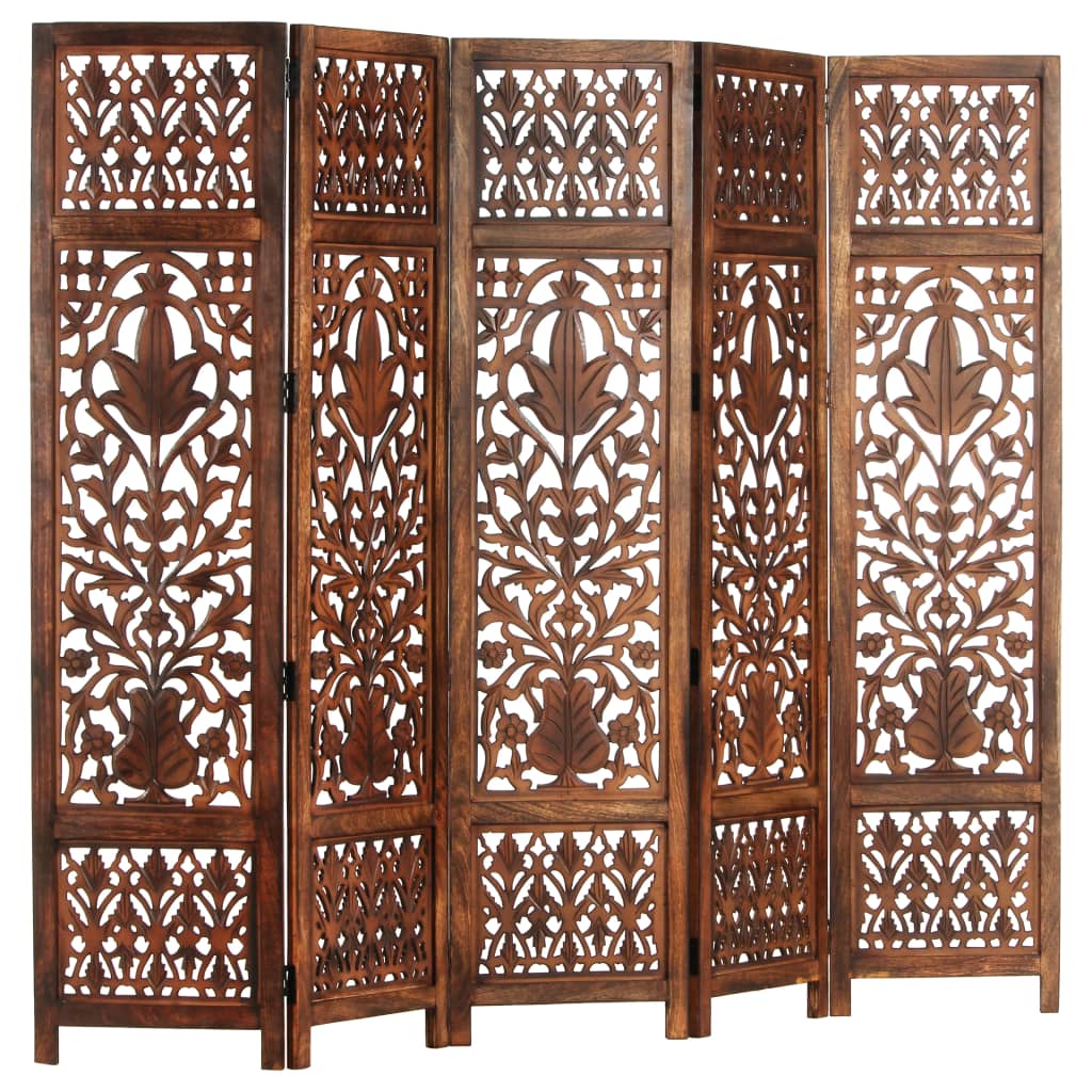 Hand Carved 5-Panel Room Divider Brown 200x165 cm Solid Mango Wood- Room Dividers - HomeShopIreland - Home Shop Ireland - Room Dividers - Hand Carved 5-Panel Room Divider Brown 200x165 cm Solid Mango Wood
