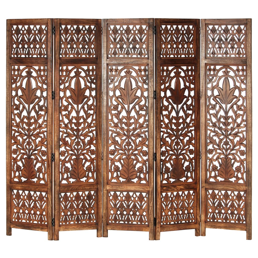 Hand Carved 5-Panel Room Divider Brown 200x165 cm Solid Mango Wood- Room Dividers - HomeShopIreland - Home Shop Ireland - Room Dividers - Hand Carved 5-Panel Room Divider Brown 200x165 cm Solid Mango Wood