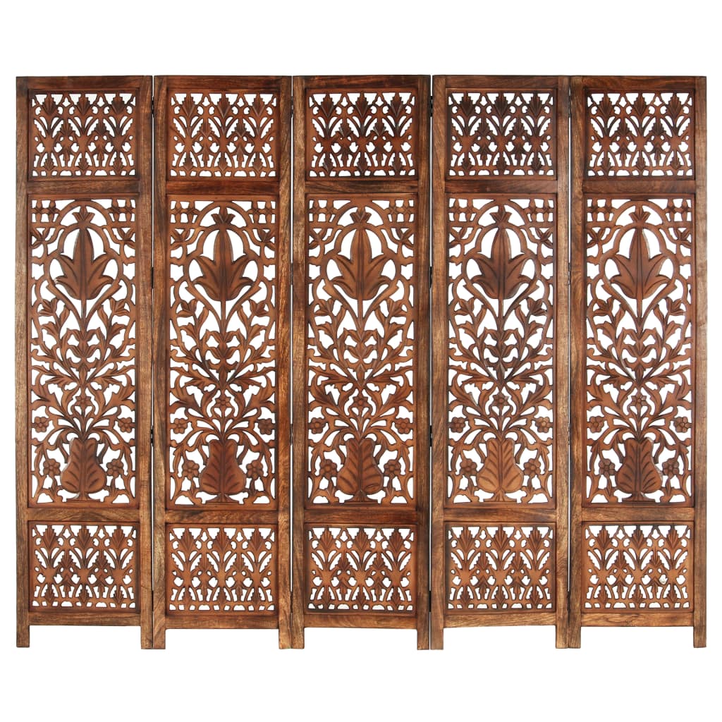 Hand Carved 5-Panel Room Divider Brown 200x165 cm Solid Mango Wood- Room Dividers - HomeShopIreland - Home Shop Ireland - Room Dividers - Hand Carved 5-Panel Room Divider Brown 200x165 cm Solid Mango Wood