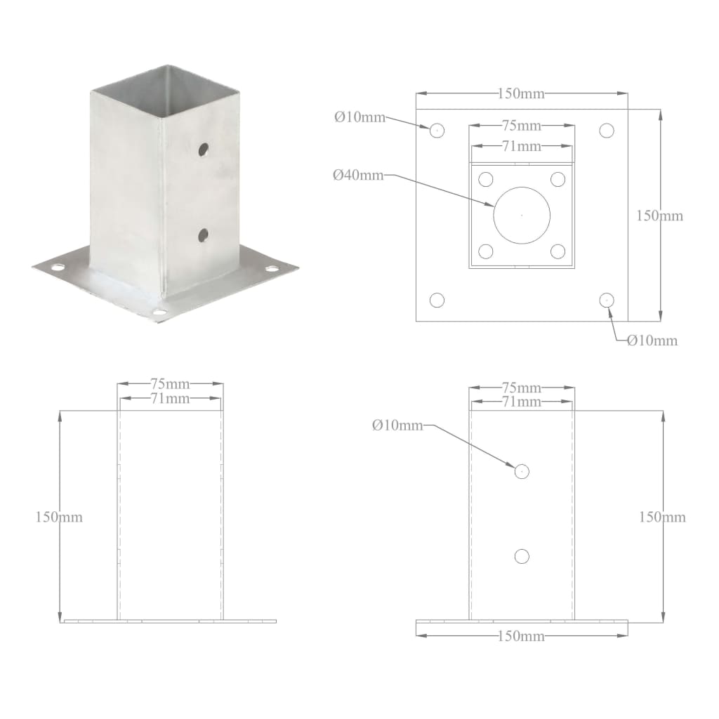 Post Anchors 4 pcs Galvanised Metal 71 mm- Fence Posts & Rails - HomeShopIreland - Home Shop Ireland - Fence Posts & Rails - Post Anchors 4 pcs Galvanised Metal 71 mm
