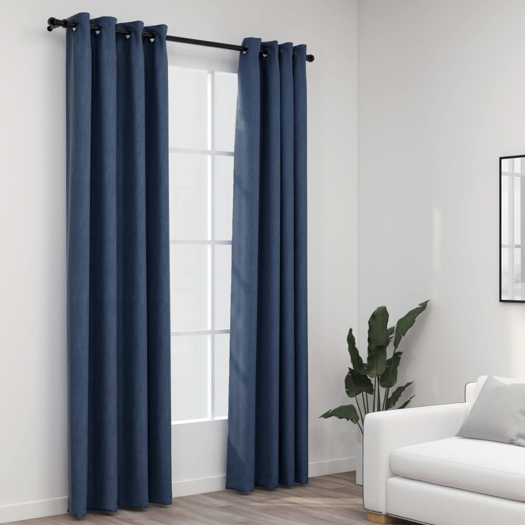 Linen-Look Blackout Curtains with Grommets 2 pcs Blue 140x245cm- Curtains & Drapes - HomeShopIreland - Home Shop Ireland - Curtains & Drapes - Linen-Look Blackout Curtains with Grommets 2 pcs Blue 140x245cm