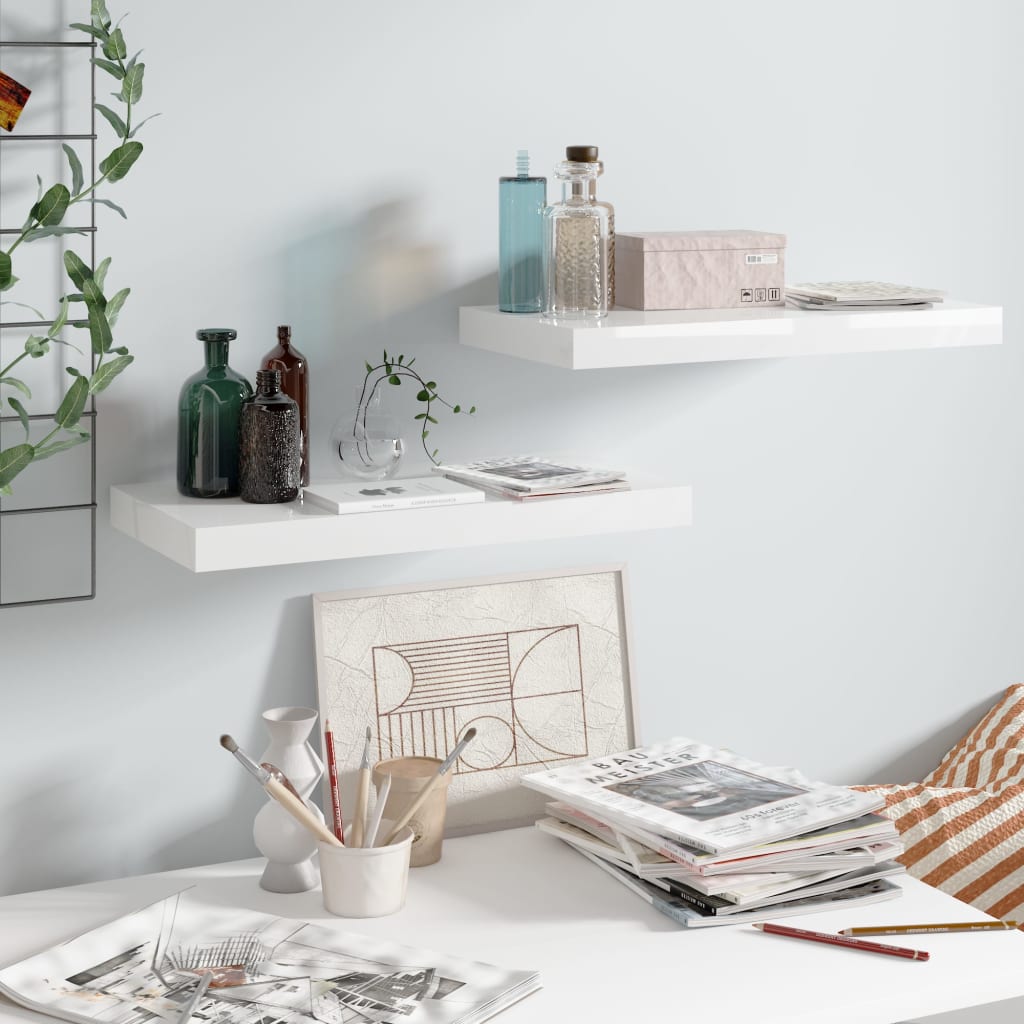 Floating Wall Shelves 2 pcs High Gloss White 50x23x3.8 cm MDF- Wall Shelves & Ledges - HomeShopIreland - Home Shop Ireland - Wall Shelves & Ledges - Floating Wall Shelves 2 pcs High Gloss White 50x23x3.8 cm MDF