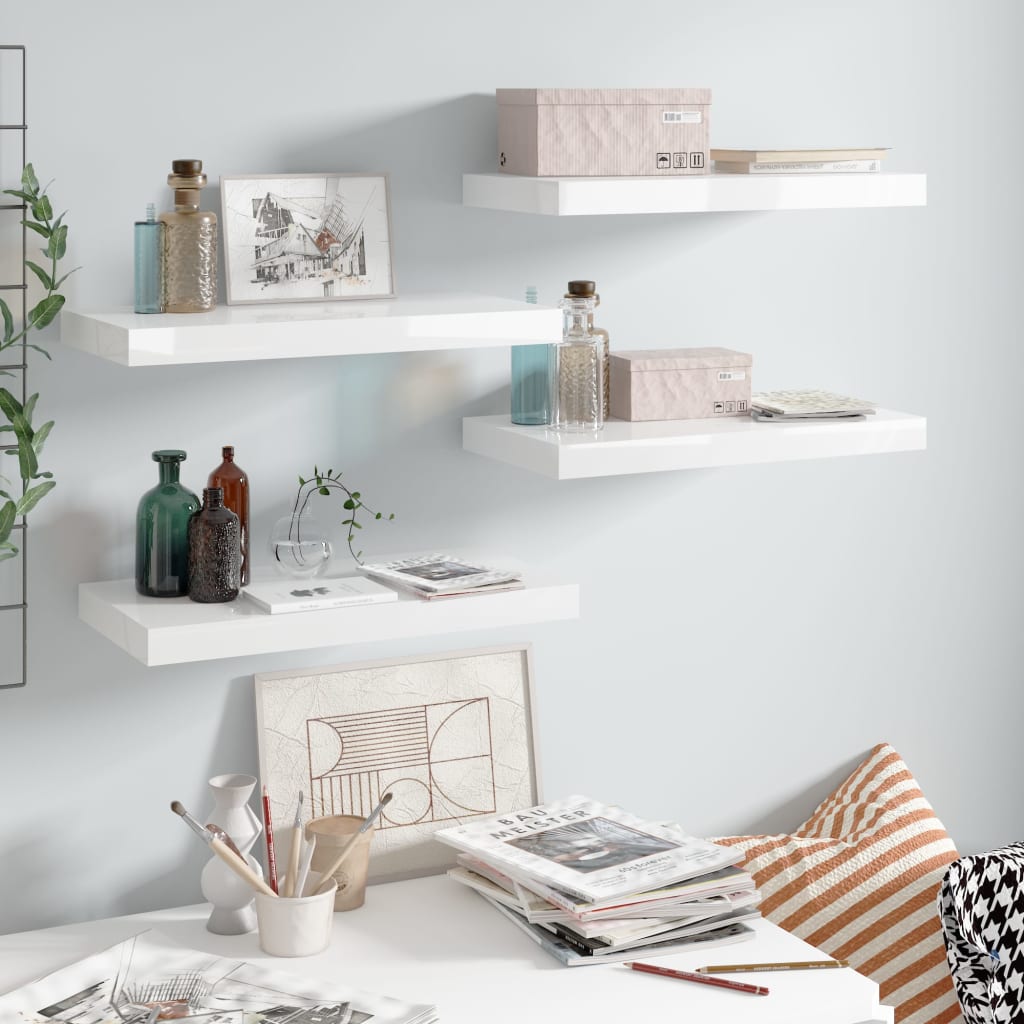 Floating Wall Shelves 4 pcs High Gloss White 50x23x3.8 cm MDF- Wall Shelves & Ledges - HomeShopIreland - Home Shop Ireland - Wall Shelves & Ledges - Floating Wall Shelves 4 pcs High Gloss White 50x23x3.8 cm MDF