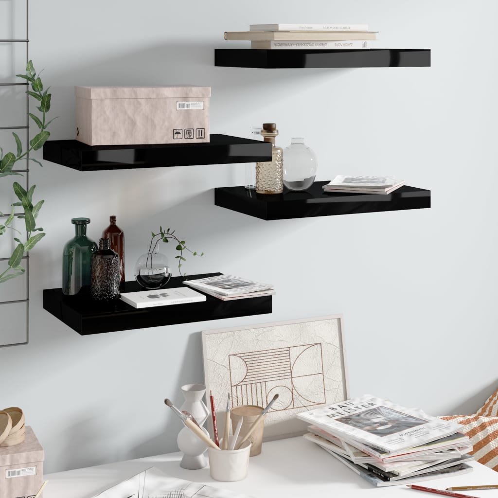 Floating Wall Shelves 4 pcs High Gloss Black 40x23x3.8 cm MDF- Wall Shelves & Ledges - HomeShopIreland - Home Shop Ireland - Wall Shelves & Ledges - Floating Wall Shelves 4 pcs High Gloss Black 40x23x3.8 cm MDF