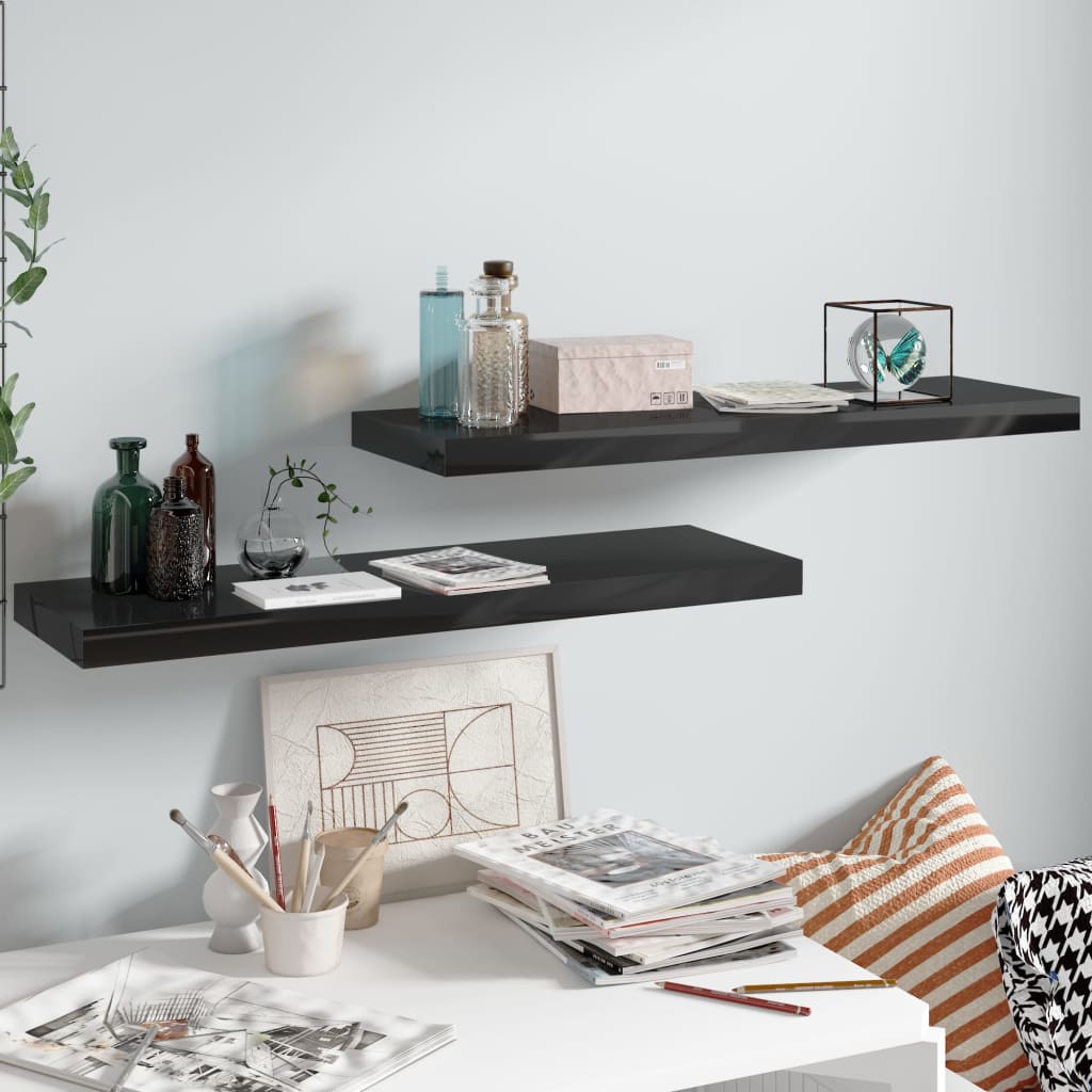 Floating Wall Shelves 2 pcs High Gloss Black 80x23.5x3.8 cm MDF- Wall Shelves & Ledges - HomeShopIreland - Home Shop Ireland - Wall Shelves & Ledges - Floating Wall Shelves 2 pcs High Gloss Black 80x23.5x3.8 cm MDF