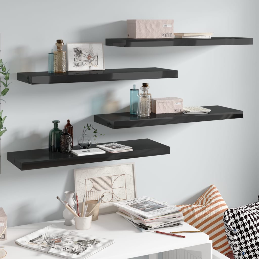 Floating Wall Shelves 4 pcs High Gloss Black 80x23.5x3.8 cm MDF- Wall Shelves & Ledges - HomeShopIreland - Home Shop Ireland - Wall Shelves & Ledges - Floating Wall Shelves 4 pcs High Gloss Black 80x23.5x3.8 cm MDF