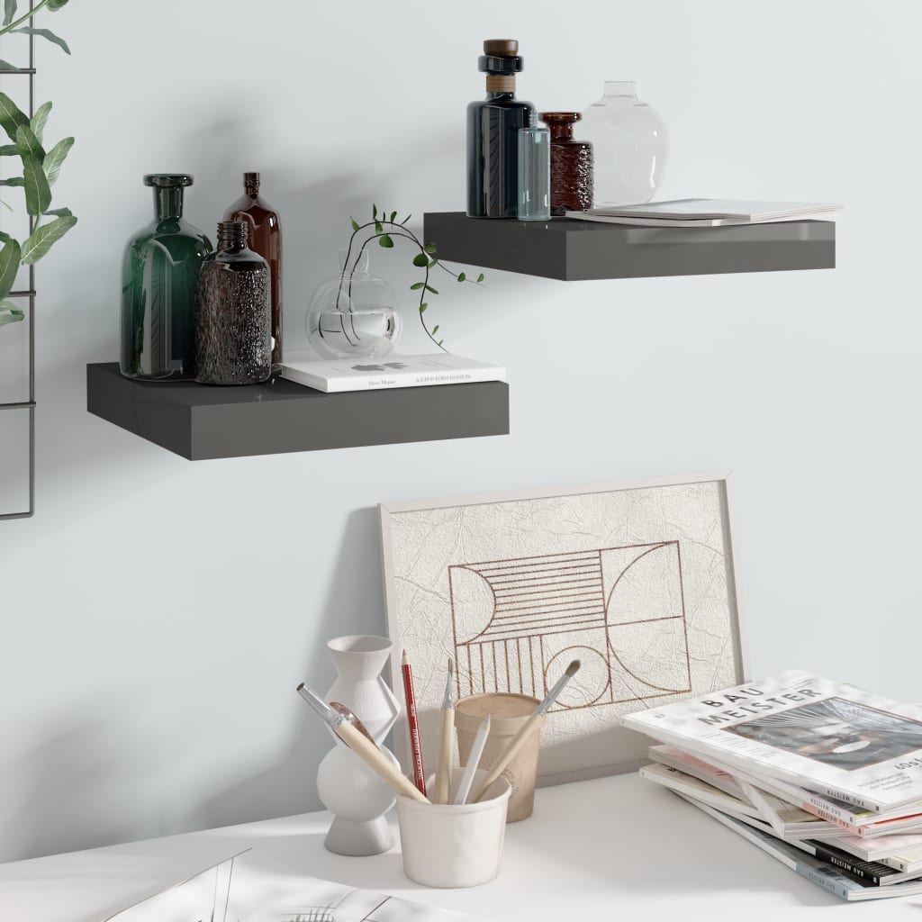 Floating Wall Shelves 2 pcs High Gloss Grey 23x23.5x3.8 cm MDF- Wall Shelves & Ledges - HomeShopIreland - Home Shop Ireland - Wall Shelves & Ledges - Floating Wall Shelves 2 pcs High Gloss Grey 23x23.5x3.8 cm MDF
