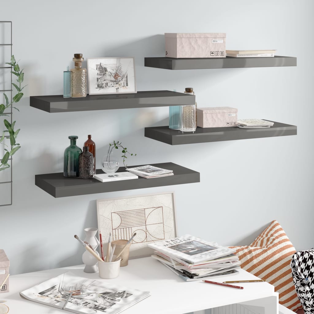 Floating Wall Shelves 4 pcs High Gloss Grey 60x23.5x3.8 cm MDF- Wall Shelves & Ledges - HomeShopIreland - Home Shop Ireland - Wall Shelves & Ledges - Floating Wall Shelves 4 pcs High Gloss Grey 60x23.5x3.8 cm MDF