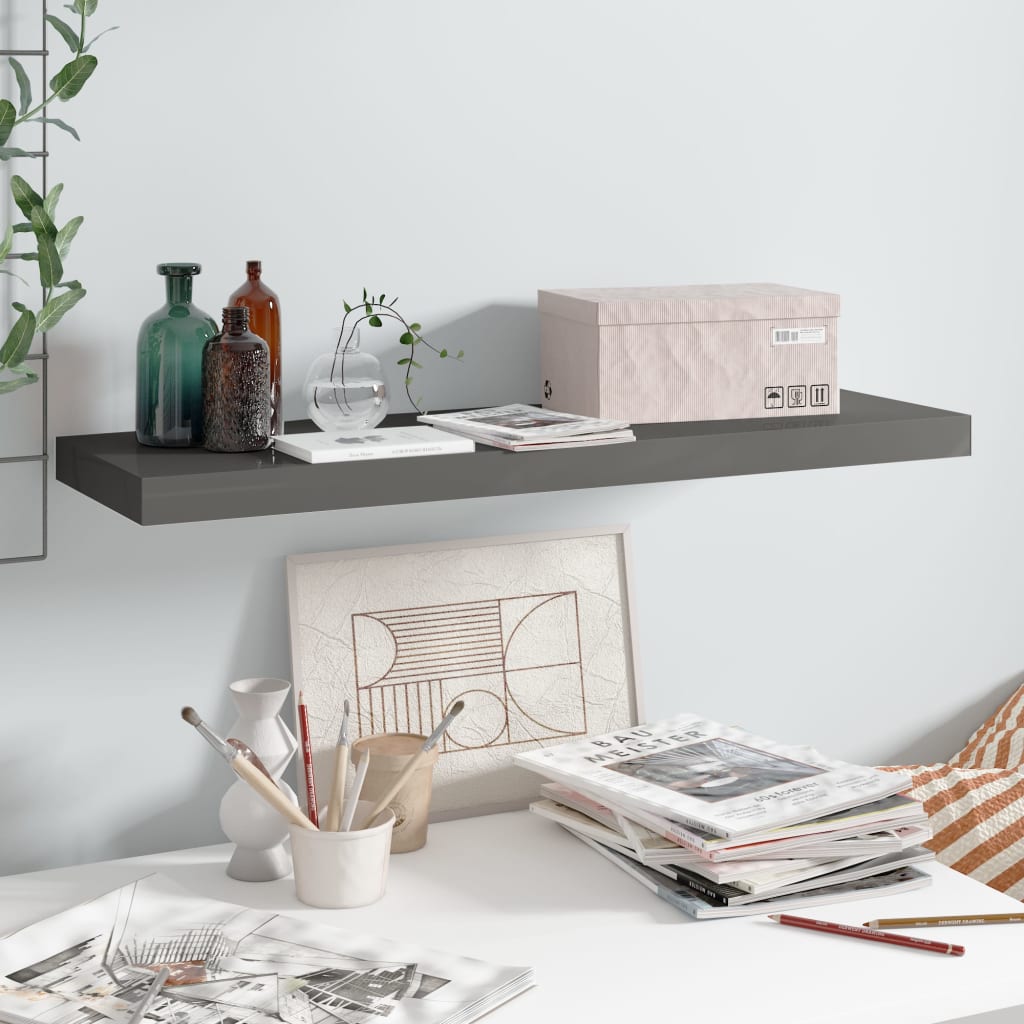 Floating Wall Shelf High Gloss Grey 80x23.5x3.8 cm MDF- Wall Shelves & Ledges - HomeShopIreland - Home Shop Ireland - Wall Shelves & Ledges - Floating Wall Shelf High Gloss Grey 80x23.5x3.8 cm MDF