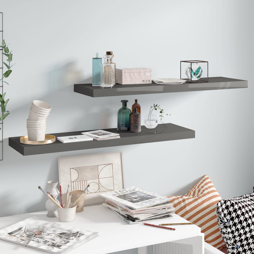 Floating Wall Shelves 2 pcs High Gloss Grey 90x23.5x3.8 cm MDF- Wall Shelves & Ledges - HomeShopIreland - Home Shop Ireland - Wall Shelves & Ledges - Floating Wall Shelves 2 pcs High Gloss Grey 90x23.5x3.8 cm MDF